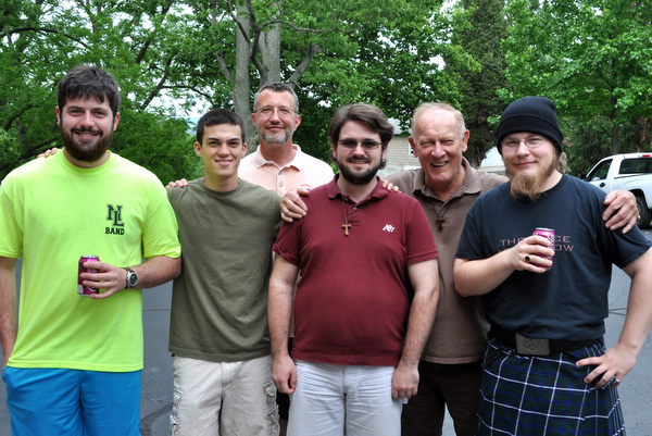 The postulants and their directors celebrate graduation.  L - R: Carlo Shivel, John Boissy, Fr. Mark Soehner, OFM, Thomas Murphy, Fr. Frank Geers, OFM, and Jonathon Douglas.